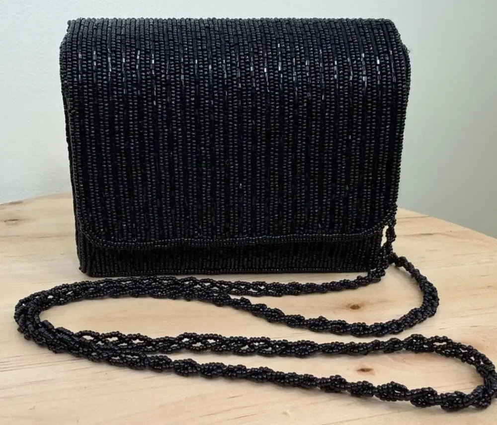 Vintage Mes Ami Black Beaded Evening Bag Clutch Crossbody 1980s 1990s